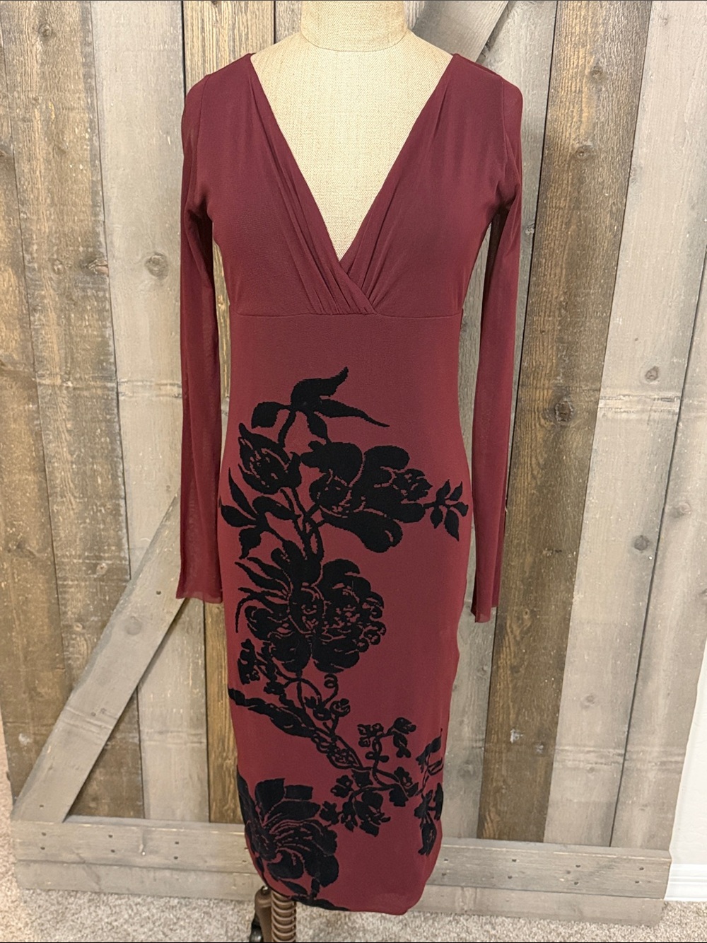 FUZZI Vintage Made in Italy Burgundy Floral Bodycon Midi Dress Sheer Sleeve